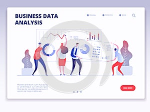 Landing page. People with dashboard and data charts infographic. Business analysis and statistics agency vector concept