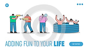 Landing page with people refresh and enjoy water activities - pool, soap bubbles and water gun fight