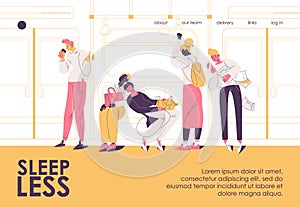 Landing page with people in subway with insomnia. Lack of sleep concept illustration drawn in yellow and pink in outline style