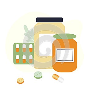 Landing page of prescription drugs, medical prescription, first aid kit and medical supplies. Concept of pharmacy, drugstore, diag