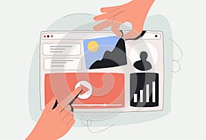 Landing page, programming, research concept. Hands of workers working on website or application, ui ux design vector.