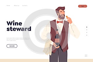 Landing page with satisfied wine steward character smelling cork while opening drink bottle