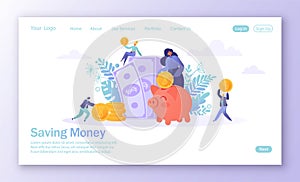 Concept of landing page on finance theme. Flat people, business characters collecting coins into the pink piggy bank. Characters m photo