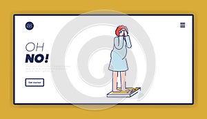 Landing page with scared woman measuring on weight scale with closed eyes