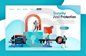 Landing page for security and protection, padlock and lock, hacking user data, privacy and financial protection, secures digital