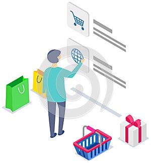 Landing page of site with goods. Man using application for buying and ordering purchases worldwide