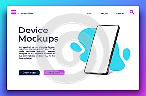 Landing page with smartphone mockup. Mobile app presentation banner with 3d realistic phone with empty display. Web design vector