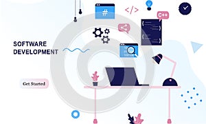 Landing page of software development coding process concept. Designer, programming, testing cross platform code, app. Create, edi