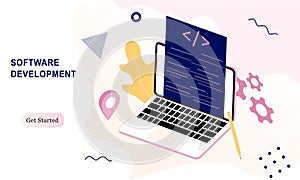 Landing page of software development coding process concept. Designer, programming, testing cross platform code, app. Create, edi