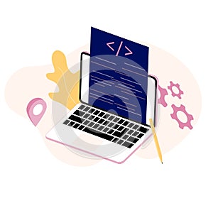 Landing page of software development coding process concept. Designer, programming, testing cross platform code, app. Create, edi
