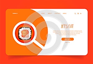 Landing page with sushi roll with salmon under the magnifying glass