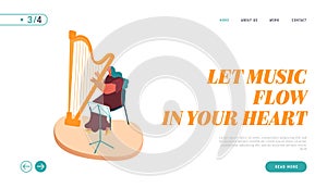 Landing Page of Symphony Orchestra Playing Classical Music Concert, Musician with Instrument Harp Performing on Stage