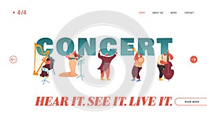 Landing Page of Symphony Orchestra Playing Classical Music Concert, Musician with Instrument Harp Performing on Stage