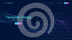 Landing page tech background with colorful dynamic waves and hexagonal boxes. Geometric abstract background with lines
