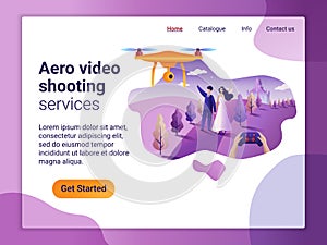 Landing page template of Aerial video shoot service. The Flat design concept of web page design for a mobile website. Drone fly