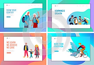 Landing page template with Back to school flat vector illustration. Preteen and teenage schoolkids. Parents with kids