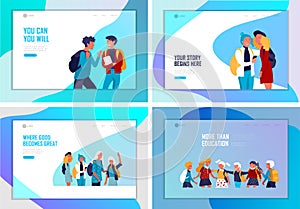 Landing page template with Back to school flat vector illustration. Preteen and teenage schoolkids. Parents with kids