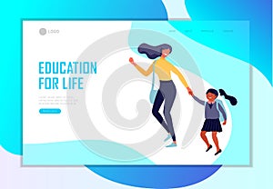 Landing page template with Back to school flat vector illustration. Preteen and teenage schoolkids. Parents with kids