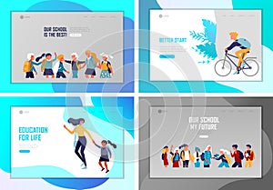 Landing page template with Back to school flat vector illustration. Preteen and teenage schoolkids. Parents with kids