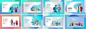 Landing page template with Back to school flat vector illustration. Preteen and teenage schoolkids. Parents with kids