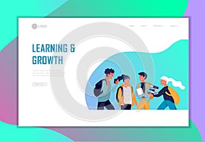 Landing page template with Back to school flat vector illustration. Preteen and teenage schoolkids. Schoolmates, friends