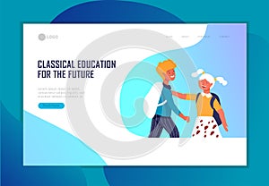 Landing page template with Back to school flat vector illustration. Preteen and teenage schoolkids. Schoolmates, friends