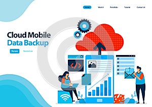 Landing page template of backup mobile work data and personal documents to cloud computing. mobile online secure with cloud