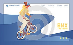 Landing page template or banner for web site with young girl in helmet riding bmx sport bike. Concept scene good for dirt and