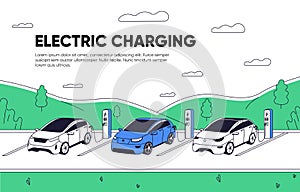 Landing page template for charging station. Electric cars at EV charger, web-site background. Eco electro vehicles