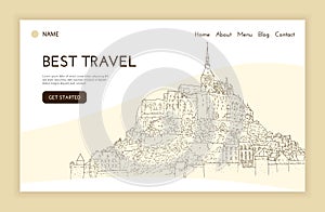 Landing page template. City sketching. Line art silhouette. Travel presentation. Tourism concept. France, Mont Saint-Michel.