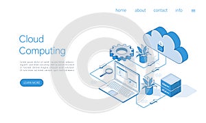 Landing page template cloud computing concept. Including Servers, Storage, Databases, Connection Technology. Isometric vector