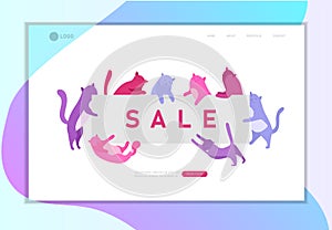 Landing page template with Cute cats holding blank banner sale message. Happy cute kitten. Cartoon style vector