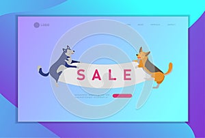 Landing page template with Cute dogs holding blank banner sale message. Happy cute puppy. Cartoon style vector