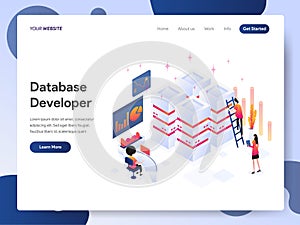 Landing page template of Database Developer Isometric Illustration Concept. Modern design concept of web page design for website