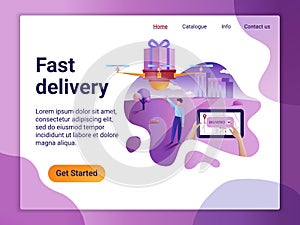 Landing page template of delivery service concept. The Flat design concept of web page design for a mobile website. Drone fly over