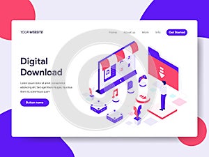 Landing page template of Digital Download Illustration Concept. Isometric flat design concept of web page design for website and