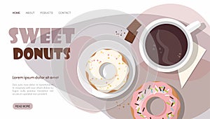 Landing page template. Donuts, chocolate and cup of coffee.  Top view