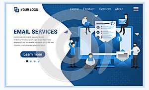 Landing page template of Email marketing, mailing services with people work on device. Modern flat web page design concept for