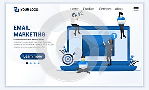 Landing page template of Email marketing, mailing services with people work on laptop. Modern flat web page design concept for