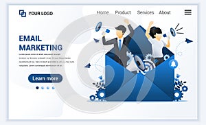 Landing page template of Email marketing services with businessman shout on megaphone for promotion. Modern flat web page design