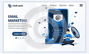 Landing page template of Email marketing services with a man sitting near giant smartphone. Modern flat web page design concept