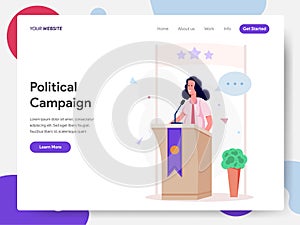 Landing page template of Female Politician Campaign on Podium Illustration Concept. Modern design concept of web page design for