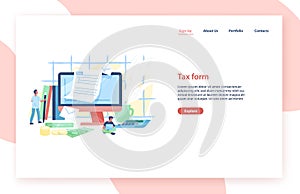 Landing page template with giant computer, tiny people or taxpayers sitting beside and filling in tax form, money bills