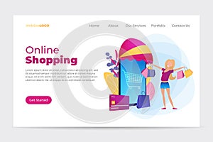 Landing page template with girl and shopping in front of smartphone. Online shopping. Sales promotion concept, loyalty