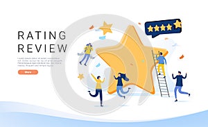 Landing page template with group of people and golden stars. Concept of quality ranking, excellent rating score.