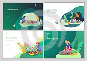 landing page template with happy Harvesting tips and gardening people doing farming job, grow garden, watering, planting, growing