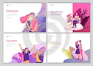 Landing page template with Happy Lover Relationship, scenes with romantic couple online dating kissing, hugging, playing