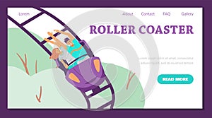 Landing page template with happy people on roller coaster, flat vector illustration.