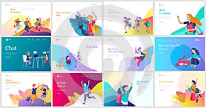 Landing page template with Happy school children joyfully jumping and laughing. Concept of happiness, gladness and fun