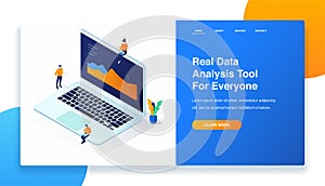 Landing page template illustration of data analysis. 3d isometric
